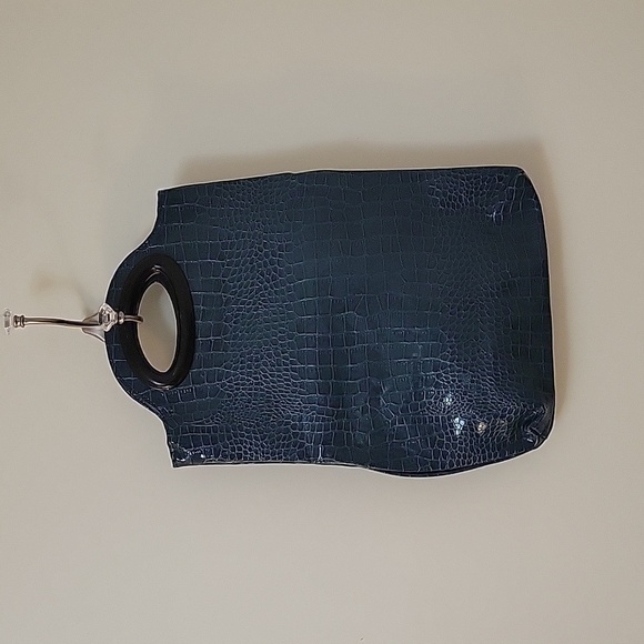 VTG 1990s Faux Alligator Teal Vertical Nappy Tote Festival Shopper Bag - Picture 3 of 7